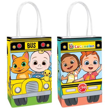 CoComelon-themed gift bags with cartoon characters.