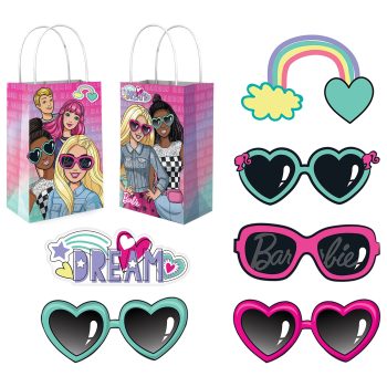 Barbie-themed gift bags and heart sunglasses.