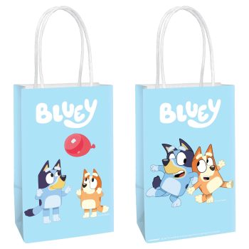 Bluey-themed gift bags with characters playing.