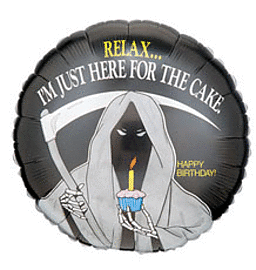Grim Reaper balloon with birthday cake.