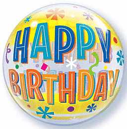 Colorful "Happy Birthday" balloon with confetti.