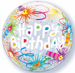 Birthday balloon with colorful decorations and text.