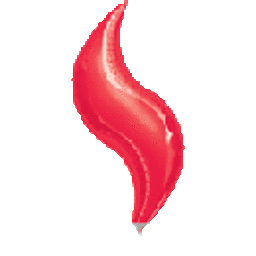 A shiny red balloon twisted into a flame-like shape.