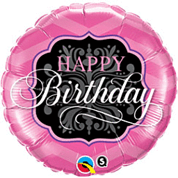Pink birthday balloon with elegant black and white lettering.