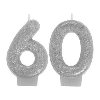 Silver glitter number 60 birthday candles.
