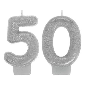 Silver glitter number 50 birthday candles.