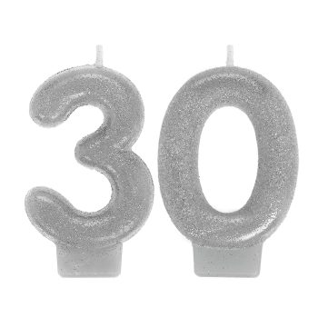 Silver glitter number 30 candles.