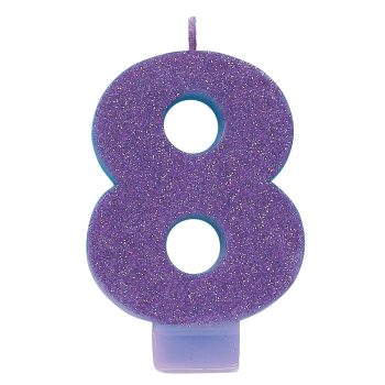 Purple glitter number eight birthday candle.