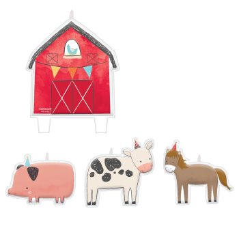 Farm-themed candles: barn, pig, cow, horse.