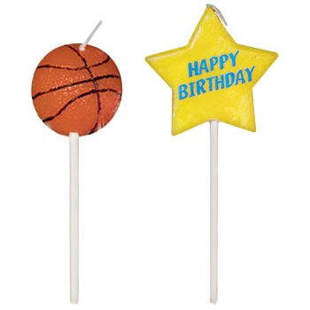 Birthday cake toppers shaped like a basketball and a star with 'Happy Birthday'.