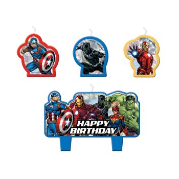 Superhero-themed birthday candles with "Happy Birthday.