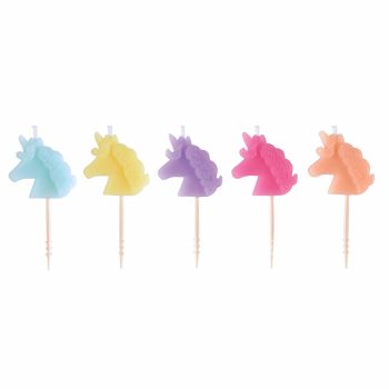 Unicorn-shaped candles in various pastel colors.
