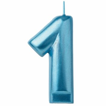 Blue number one candle on white background.
