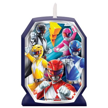 Power Rangers-themed candle with colorful characters.
