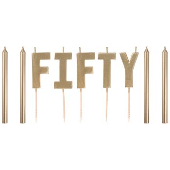 Gold candles spelling "FIFTY" with sticks.