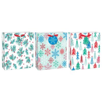 Holly, Tree, Snowflake Square Gift Bags, Multi - Pack, 3ct