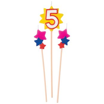 Star-shaped birthday candles with number five.