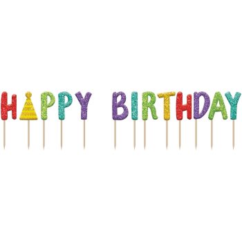Colorful glittery "Happy Birthday" cake toppers.