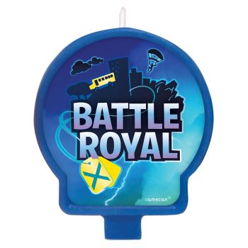 Battle Royal themed candle with blue background.