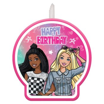 Birthday candle with two smiling characters.