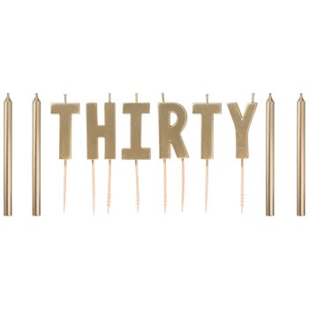 Gold "thirty" birthday candles on sticks.