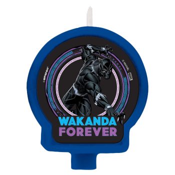 Black Panther-themed candle with "Wakanda Forever.