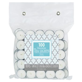 Pack of 100 unscented tealight candles.