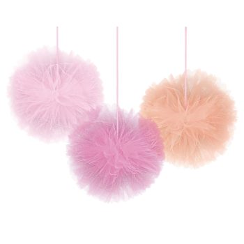 Three pastel-colored fluffy pom-pom ornaments hanging by strings.