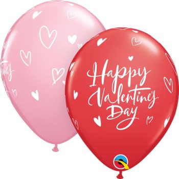 Two Valentine's Day balloons, one pink and one red with hearts and a festive message.