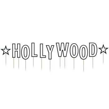 Black and white Hollywood sign with stars and dripping paint effect.