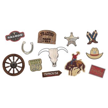 Western-themed patches and stickers including cowboy, saloon, and sheriff designs.