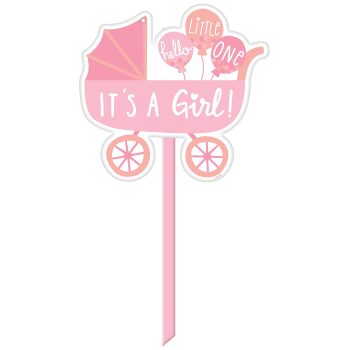 Pink baby stroller sign announcing a baby girl.