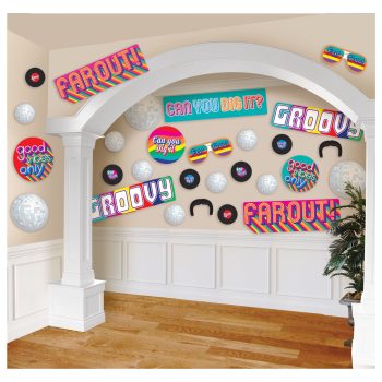 Colorful retro vinyl and disco-themed wall art in a stylish room.