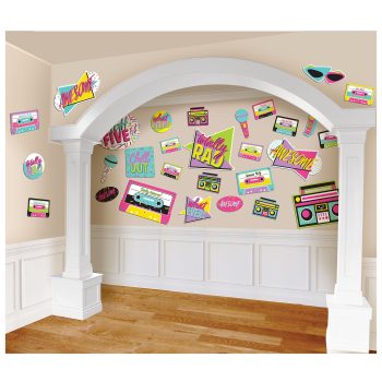 Colorful retro-themed wall decals in a cozy arched nook.