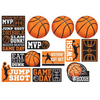 Basketball icons and phrases for sports themes.