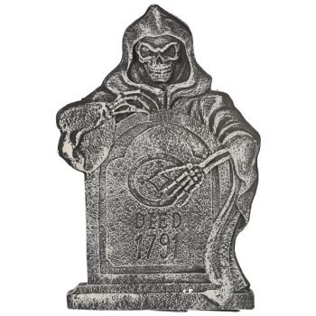 Grim reaper with tombstone decoration.