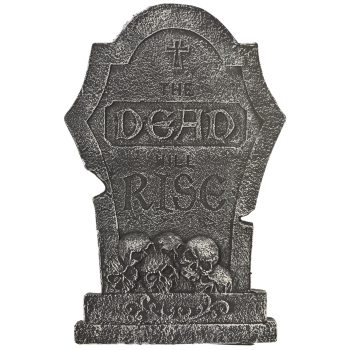 Spooky tombstone with skulls and cross.