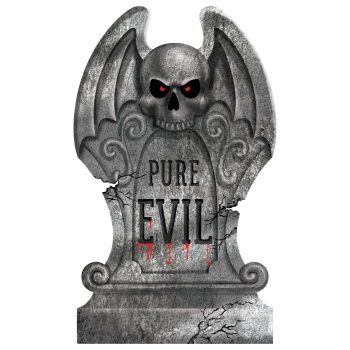 Gothic tombstone with skull and wings.