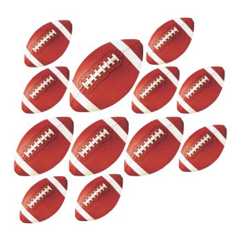 A collection of American footballs arranged in a triangular pattern.
