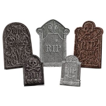 Five decorative tombstones with skull designs.