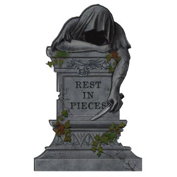 Hooded figure on tombstone with knife.
