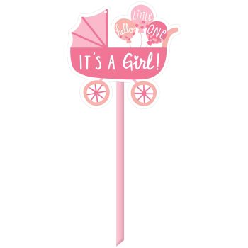 Pink baby carriage with 'It's a Girl!' sign and balloons.
