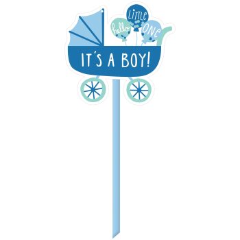 Blue baby carriage with "It's a Boy!" sign and baby items.