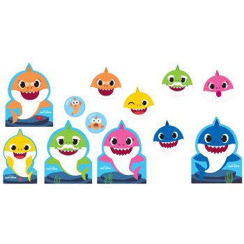 Colorful cartoon sharks with big smiles.