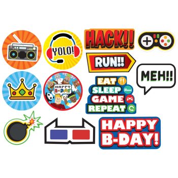 Colorful stickers with gaming and birthday themes.