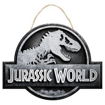 Jurassic World logo with dinosaur silhouette.