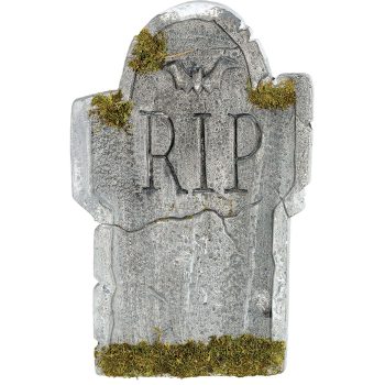 Weathered tombstone with RIP and moss.