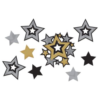 A collection of black, gold, and silver star-shaped cutouts.