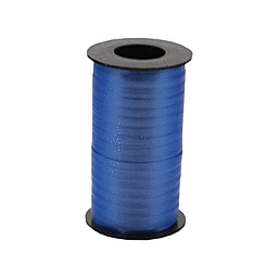 A spool of shiny blue curling ribbon on a white background.