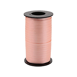 A spool of light pink curling ribbon on a black plastic core.